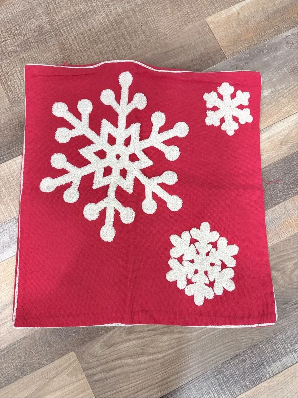 Festive Red Snowflake Holiday pillow cover- White Snow Appliqué 16x16